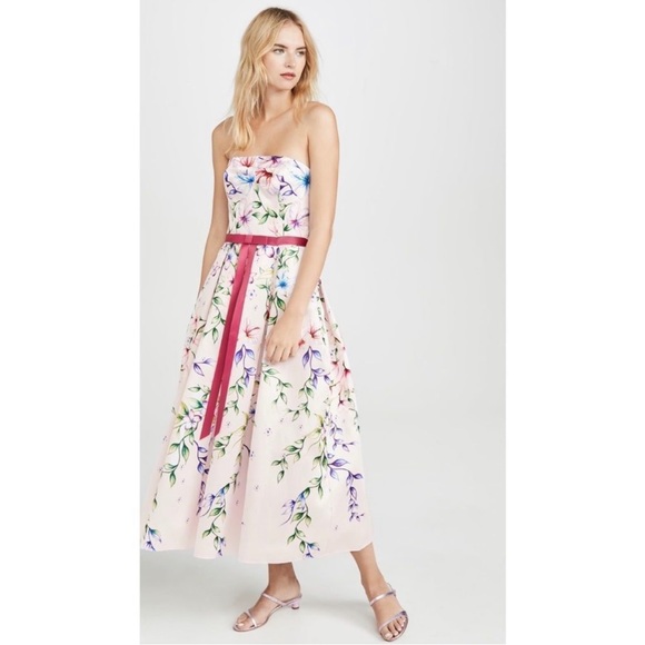 Marchesa Notte Pink Printed Strapless A-Line Midi Dress Size 6 NWT Marchesa Notte Pink Printed Strapless A-Line Midi Dress Size 6 NWT